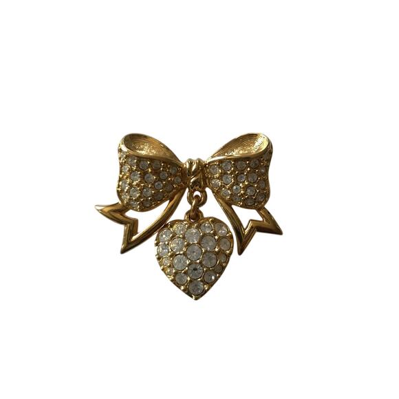Swarovski Crystal Brooch Bow and Dangling Heart - Picture 1 of 6